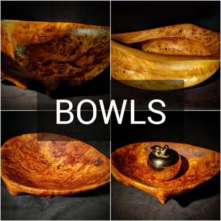 Close-up view of a stunning decorative wood bowl crafted from exquisite burl wood, showcasing intricate natural patterns and rich textures.