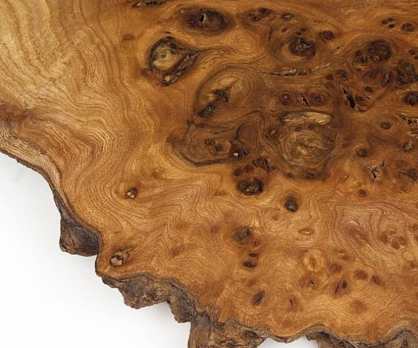 Close-up of an elm burl wood surface, showcasing its rich swirling grain pattern in warm hues. The unique natural design adds elegance and sophistication, making it an ideal choice for fine furniture, decorative accents, and luxury car interiors.